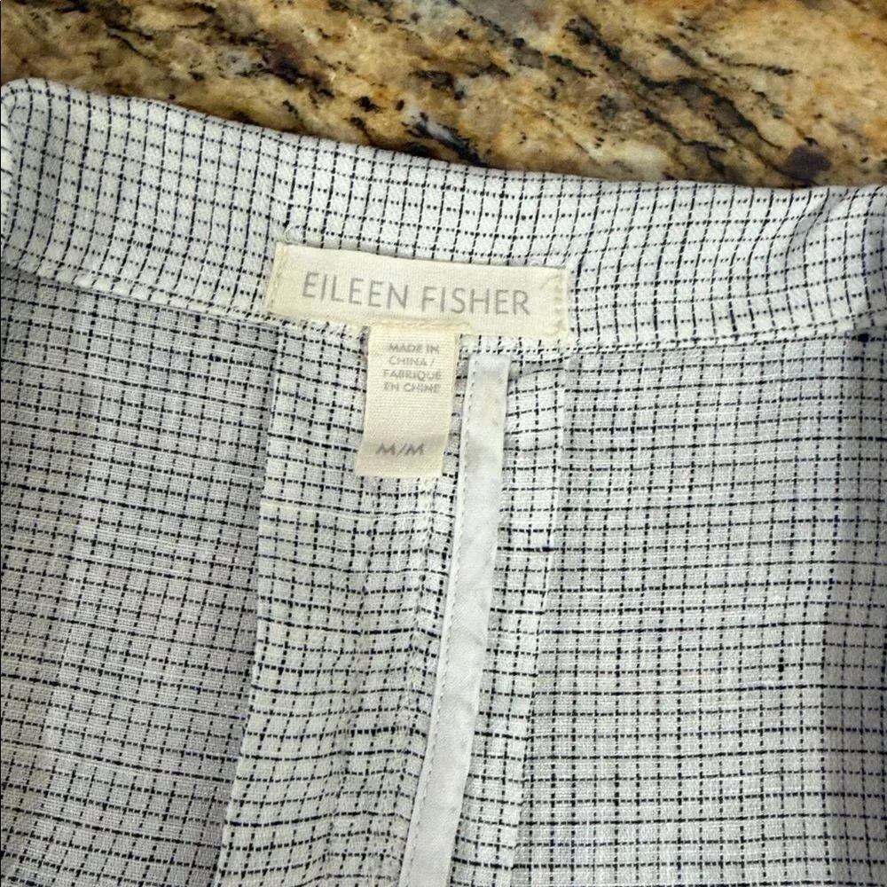 Eileen Fisher Organic Linen Longline Blazer Jacket Gray Check Size M